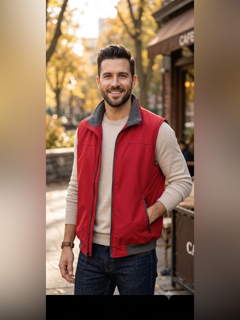 Chaps Zip Up Gray Fleece Lined Red Canvas Vest Mens Sz L Zip Front Zip Pockets